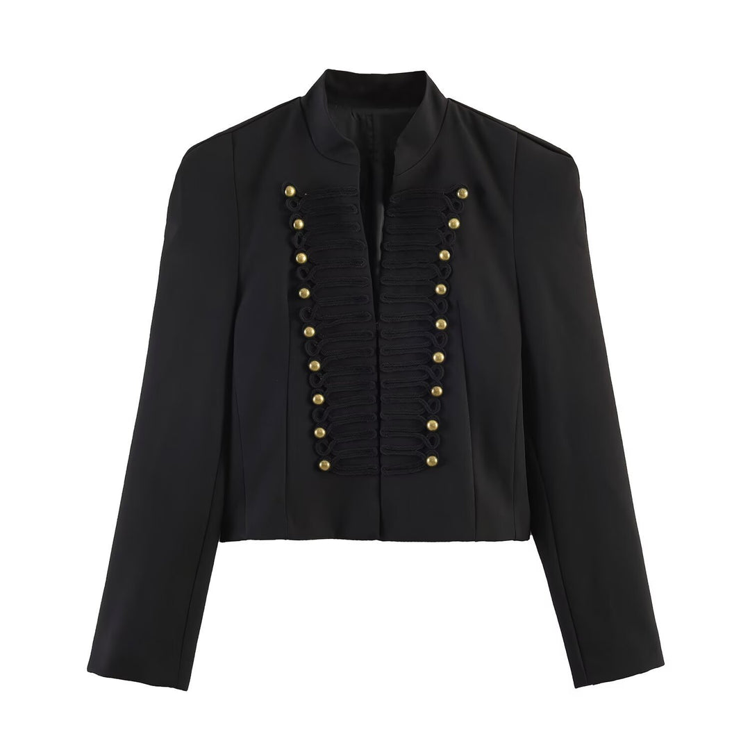 Women military-inspired cropped jacket with stand collar and decorative button detail Mune Fashion