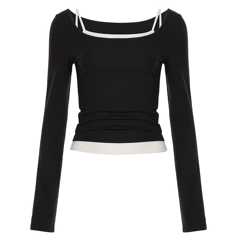 Women tailored longsleeve cropped top with square neckline and double spaghetti straps Mune Fashion