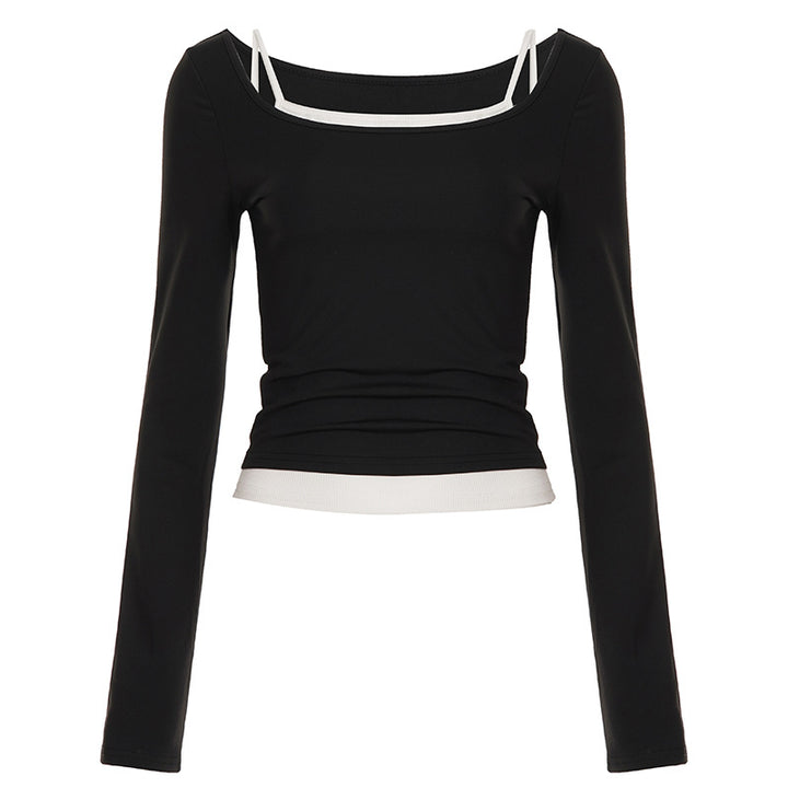 Women tailored longsleeve cropped top with square neckline and double spaghetti straps Mune Fashion