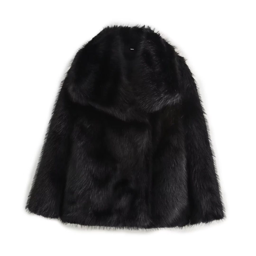 Ladies Short-Cut Faux-Fur Coat with Voluminous Shawl Collar and Straight Cut Mune Fashion