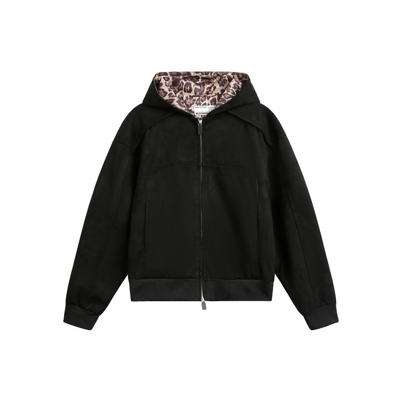 Women's Oversize Hoodie Sweat Jacket with Zipper and Lined Leopard Hood Mune Fashion