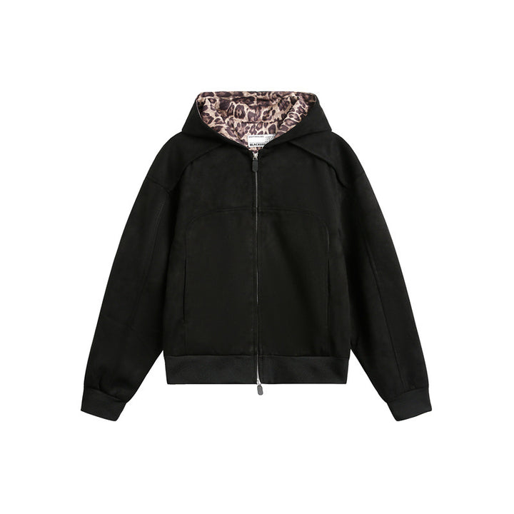 Women's Oversize Hoodie Sweat Jacket with Zipper and Lined Leopard Hood Mune Fashion
