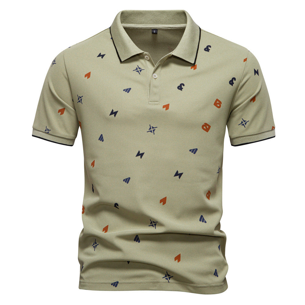 Men's short-sleeved pique polo shirt with geometric all-over print, kent collar, and contrast trim Mune Fashion