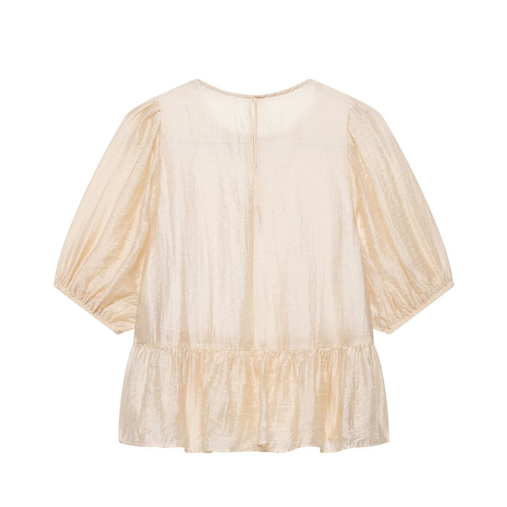 Ladies Crochet Overlay Blouse with Ruffle Underlayer and Puff Sleeves Mune Fashion