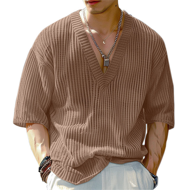 Women's oversized V-neck knit top with textured ribbed look and half-length sleeves Mune Fashion