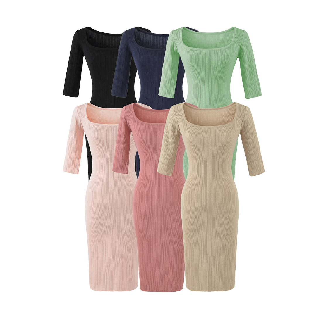 Women's Ribbed Midi Dress with Square Neckline and Three-Quarter Sleeves Mune Fashion