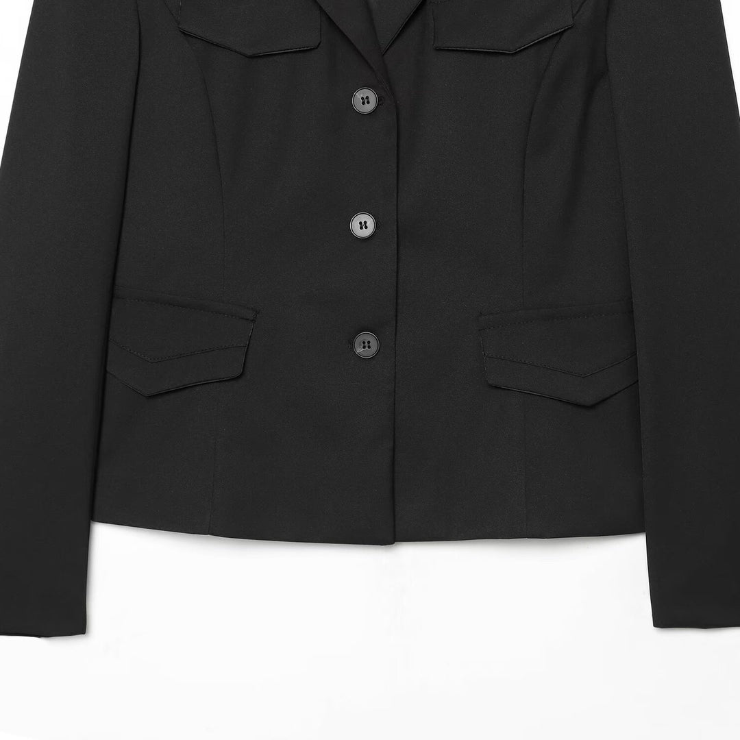 Women's Cropped Military-inspired Short Blazer with Shoulder Pads and Flap Pockets Mune Fashion