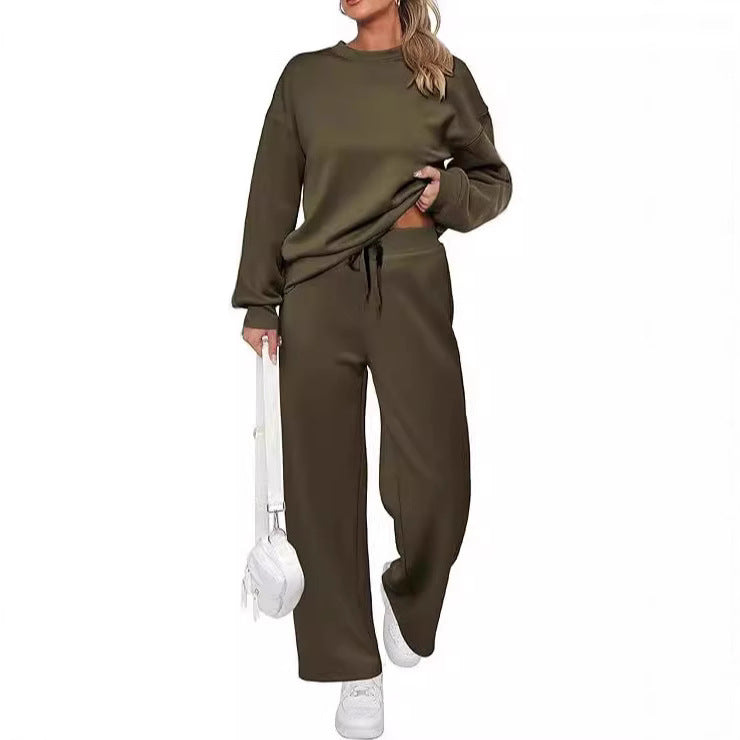 Women's two-piece French terry lounge set with oversized round neck pullover and wide high waist jogger Mune Fashion