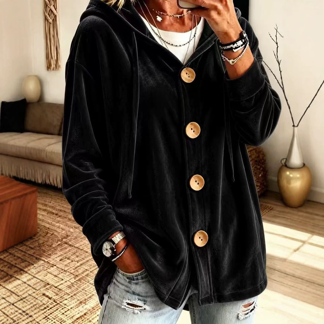 Women's Oversize Hooded Velvet Jacket with Large Wooden Buttons and Soft Velour Lining Mune Fashion