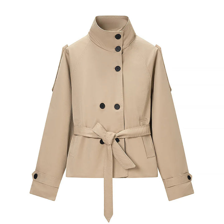 Women's short utility trench coat with stand-up collar, double-layered button placket, shoulder flaps, and fitted tie belt Mune Fashion