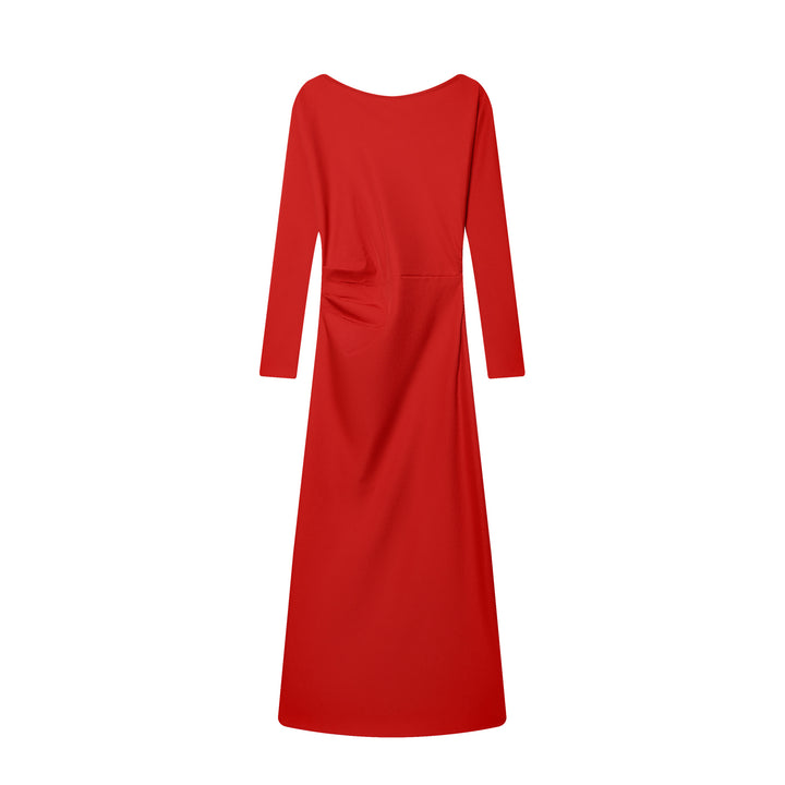 Women's fitted midi dress with bateau neckline, long sleeves, and side gathering Mune Fashion