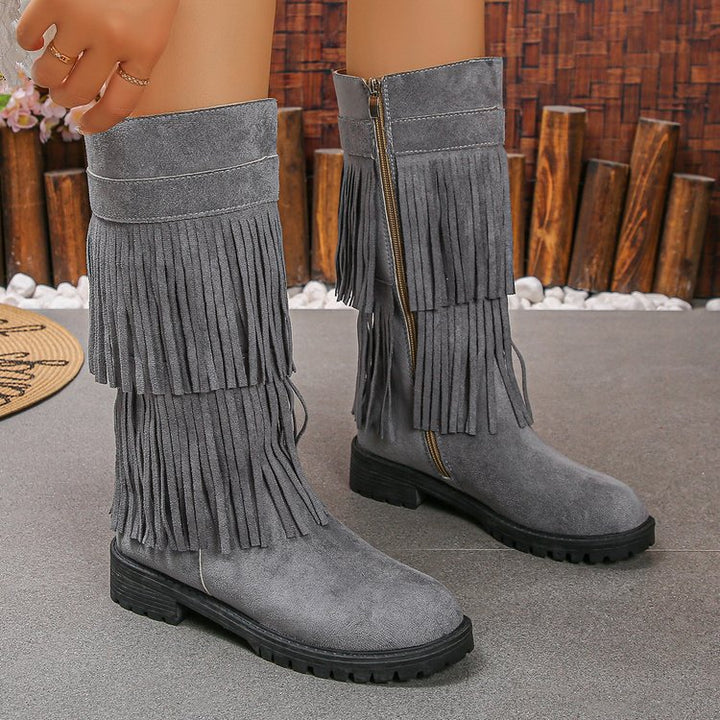 Women Mid-Calf Fringe Boots made of Suede Synthetic with multi-layered fringes and profiled rubber sole Mune Fashion