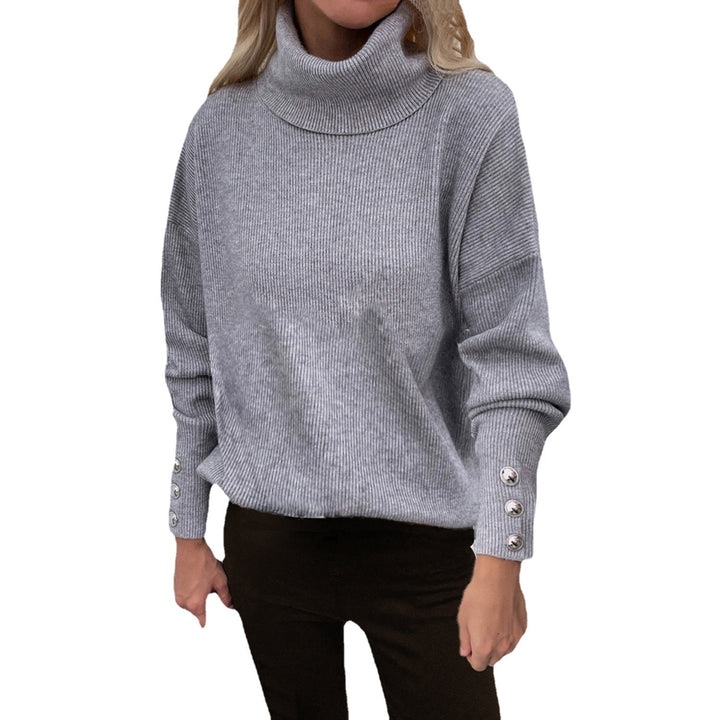 Women's Ribbed Turtleneck Sweater with Oversize Cut and Decorative Button Cuffs Mune Fashion