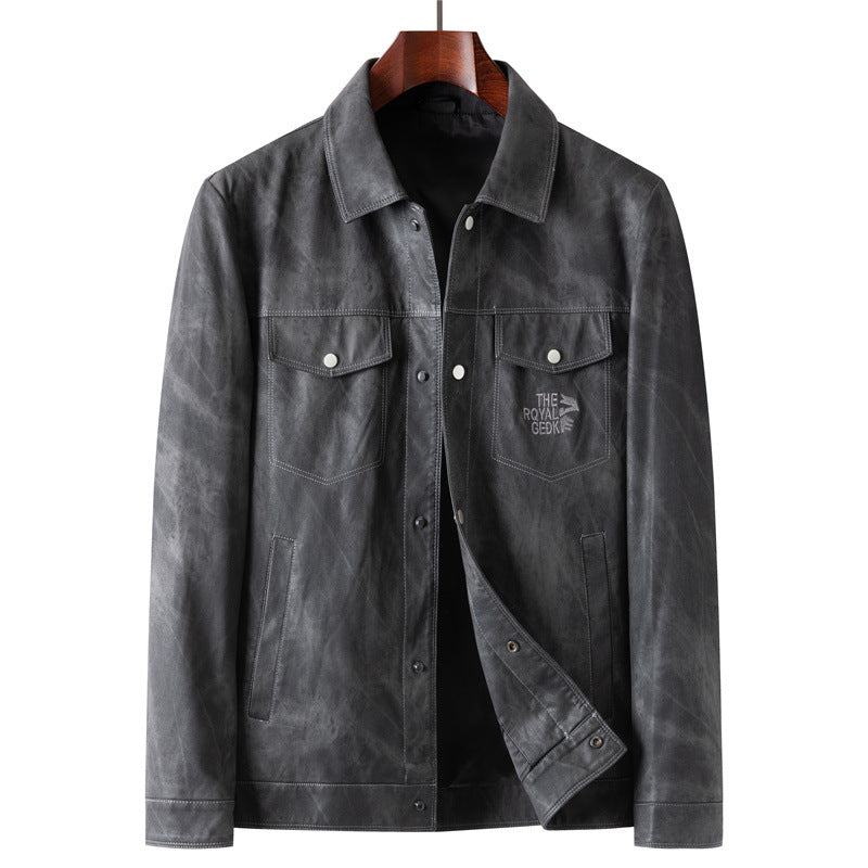Men's Vintage Leather Look Trucker Jacket with Used Effect and Chest Flap Pockets Mune Fashion