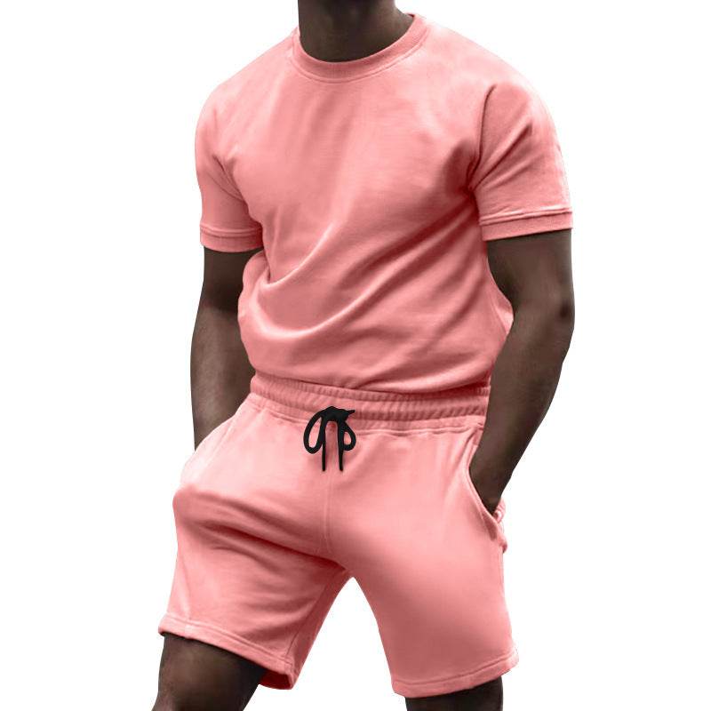 Men's short-sleeve sweat set made of soft sweatshirt fabric with a round neck shirt and drawstring shorts Mune Fashion