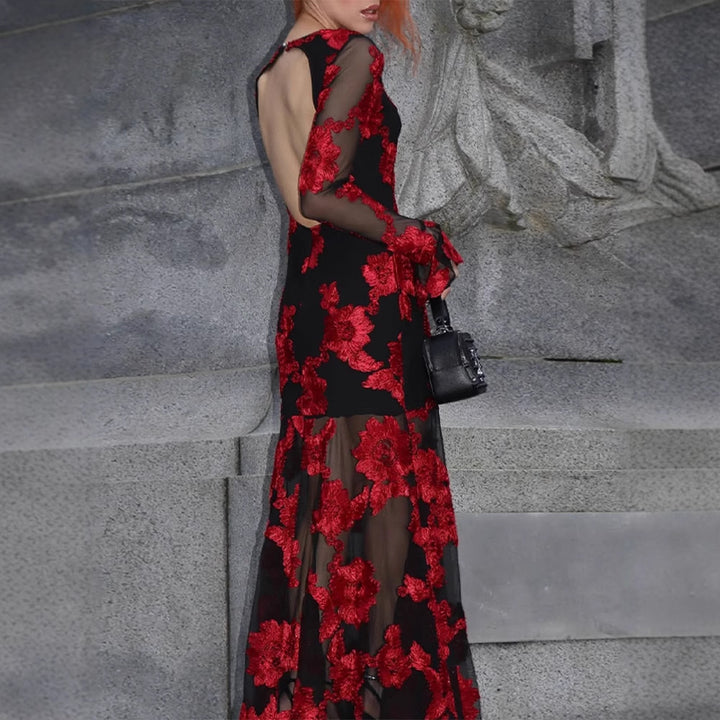 Women’s maxi dress with transparent mesh and floral embroidery Mune Fashion
