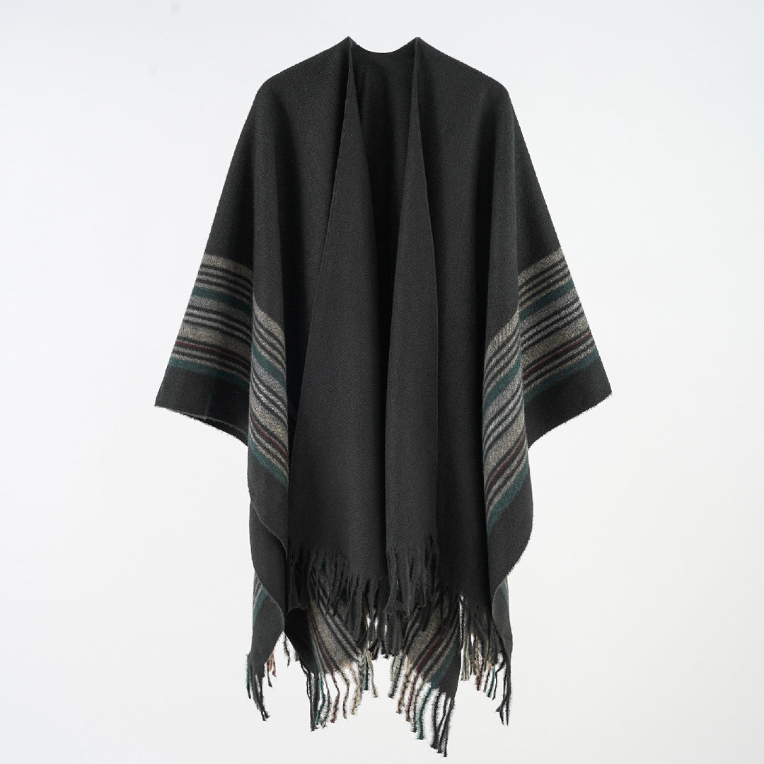 Women's Soft Falling Cape Poncho with Striped Trim and Fringe Hem