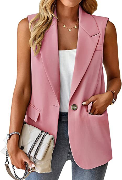 Women Sleeveless Longline Blazer Vest with Lapel Collar, Single Button and Patch Pockets Mune Fashion