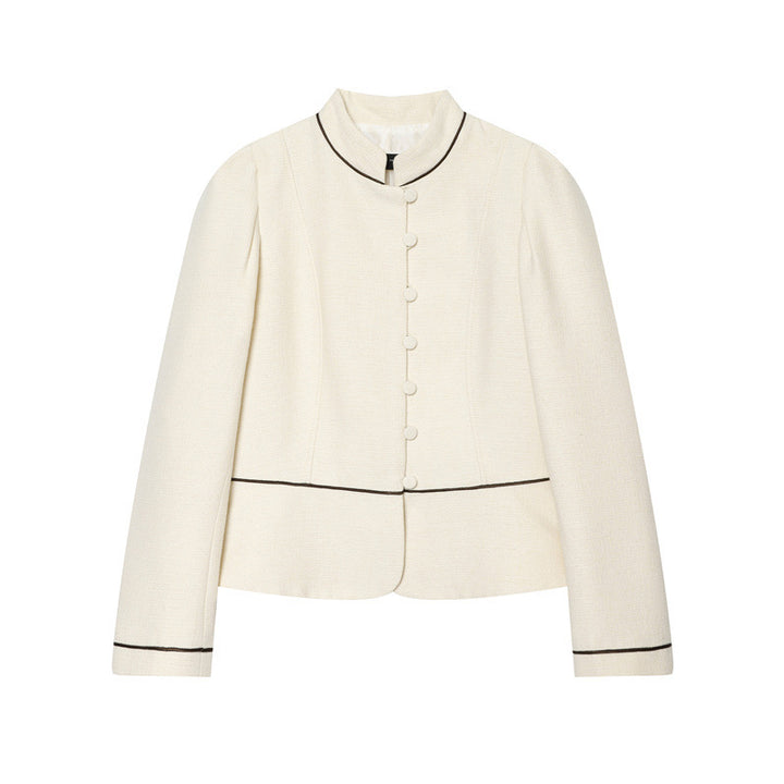 Women Bouclé-Tweed Short Jacket with Stand-Up Collar, Tailored Cut and Contrast Piping Mune Fashion