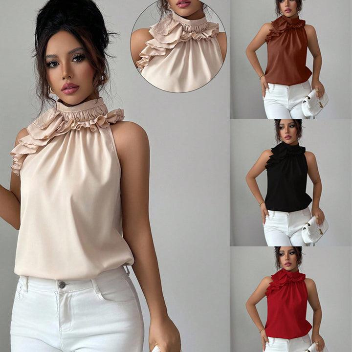 Women's High-Neck Chiffon Top with Ruffled Collar and Asymmetrical Flounce Mune Fashion