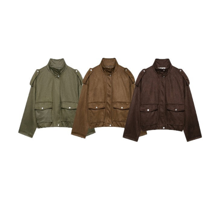 Women Short Suede Look Field Jacket with Stand-up Collar, Flap Pockets and Epaulettes Mune Fashion