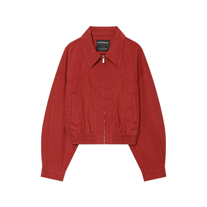 Women's Cropped Boxy Bomber Jacket with Shirt Collar, Zipper and Elastic Hem Mune Fashion