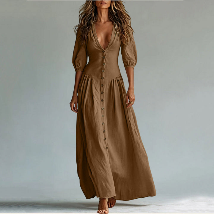 Ladies max dress with deep V-neck, button placket and balloon sleeves Mune Fashion