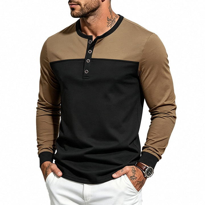 Men's Slim-Fit Henley Long Sleeve Shirt with Contrasting Insert and Button Placket Mune Fashion