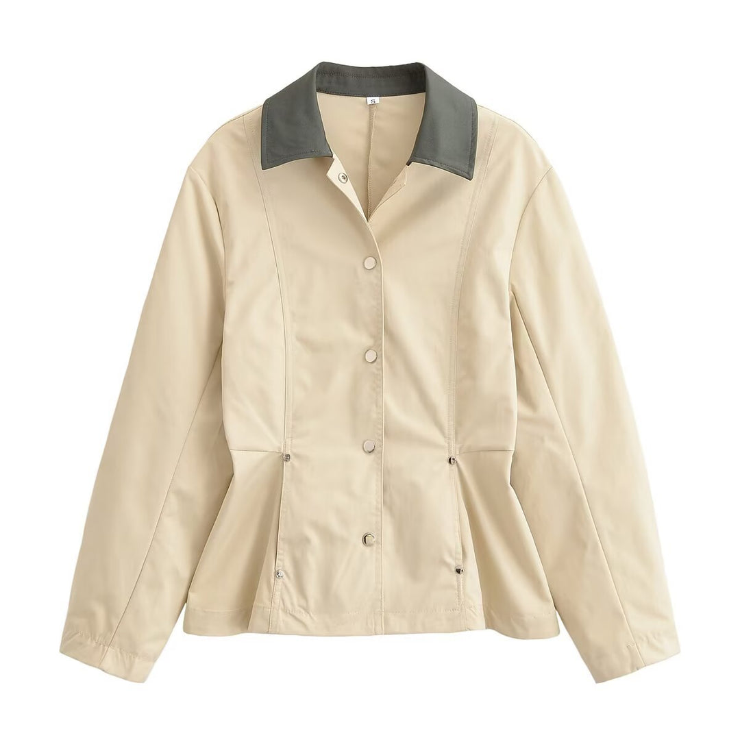 Women's Tailored Light Transitional Jacket with Contrast Collar and Snap Button Placket Mune Fashion