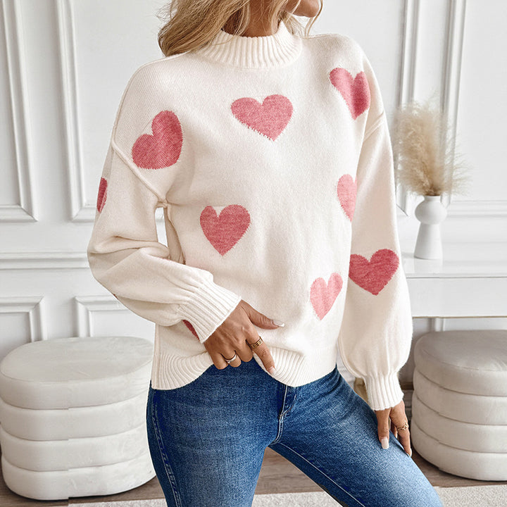 Women's Cozy Knit Sweater with Heart Jacquard and High Collar Mune Fashion