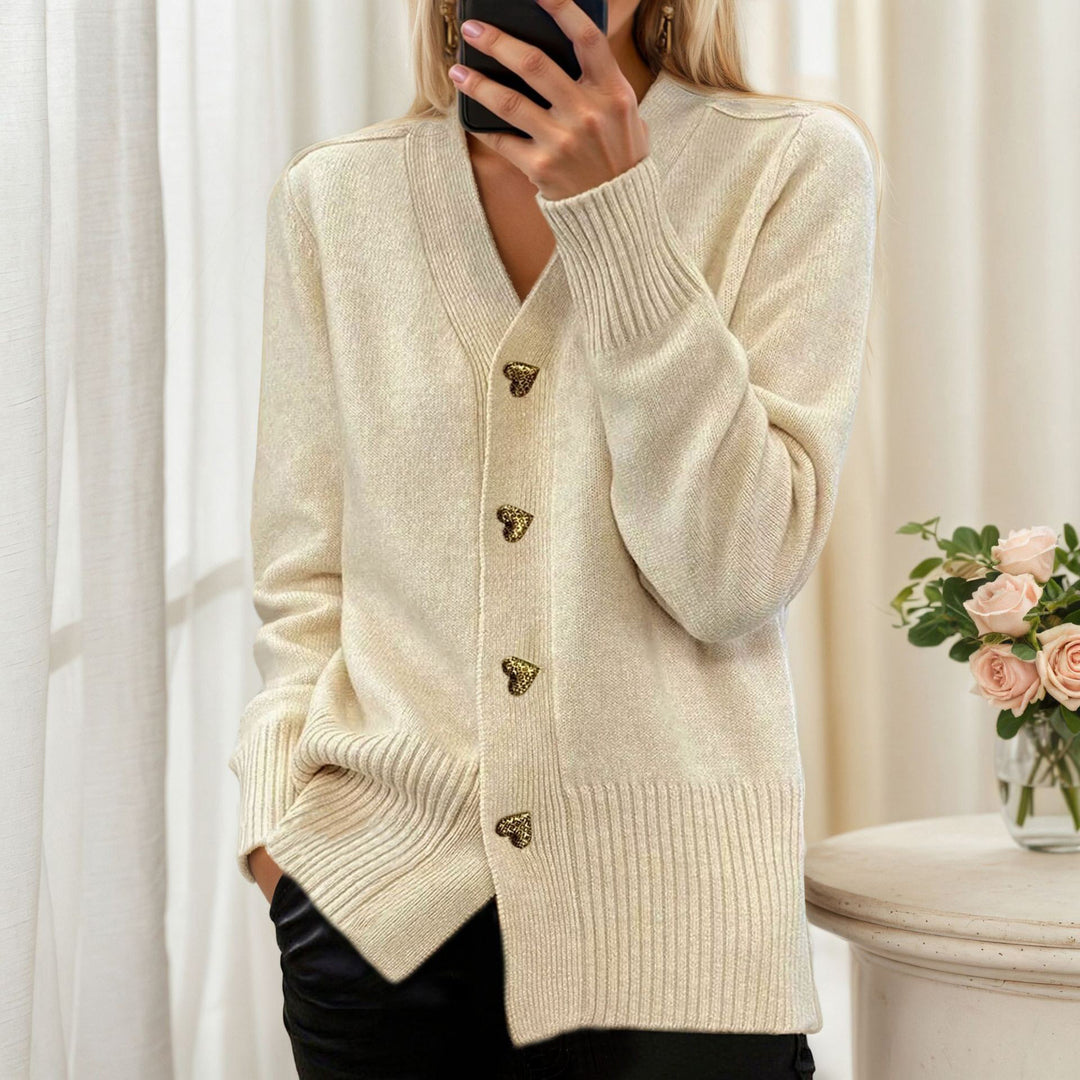 Women's loose knit cardigan with heart buttons and ribbed hem Mune Fashion