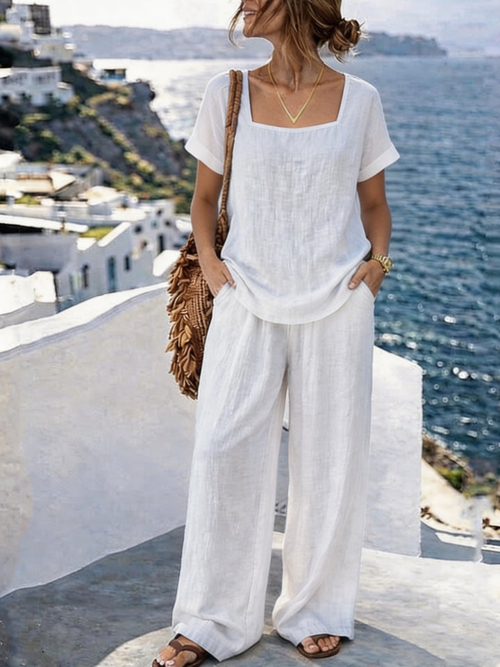 Ladies Airy Linen Top with Wide Pants Mune Fashion