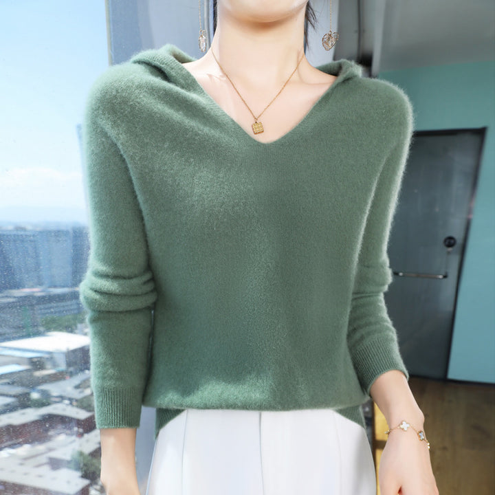 Women Cozy Hooded Sweater in Angora Look with Fine Ribbed Band Mune Fashion