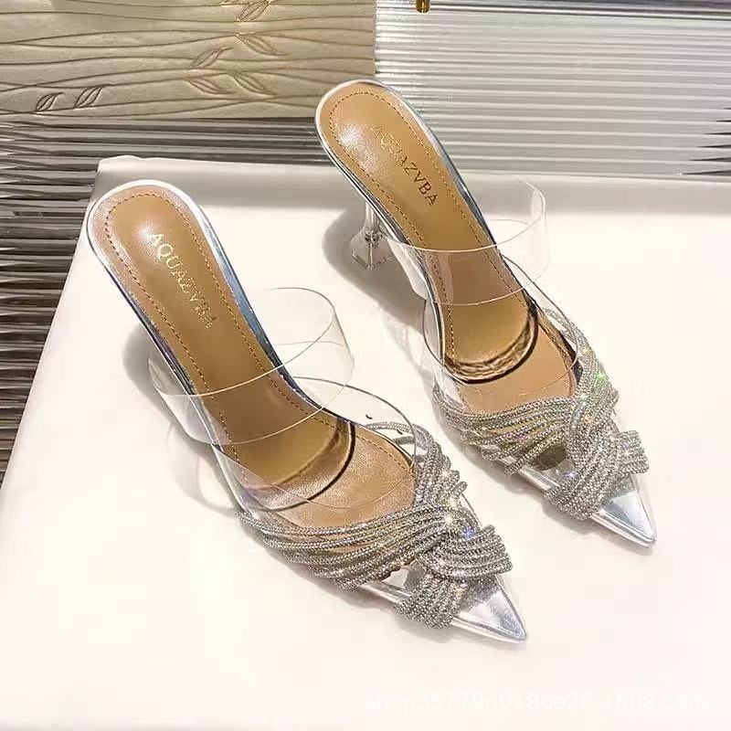 Women's pointed toe mule with sparkling crystal straps and sculptural acrylic heel Mune Fashion