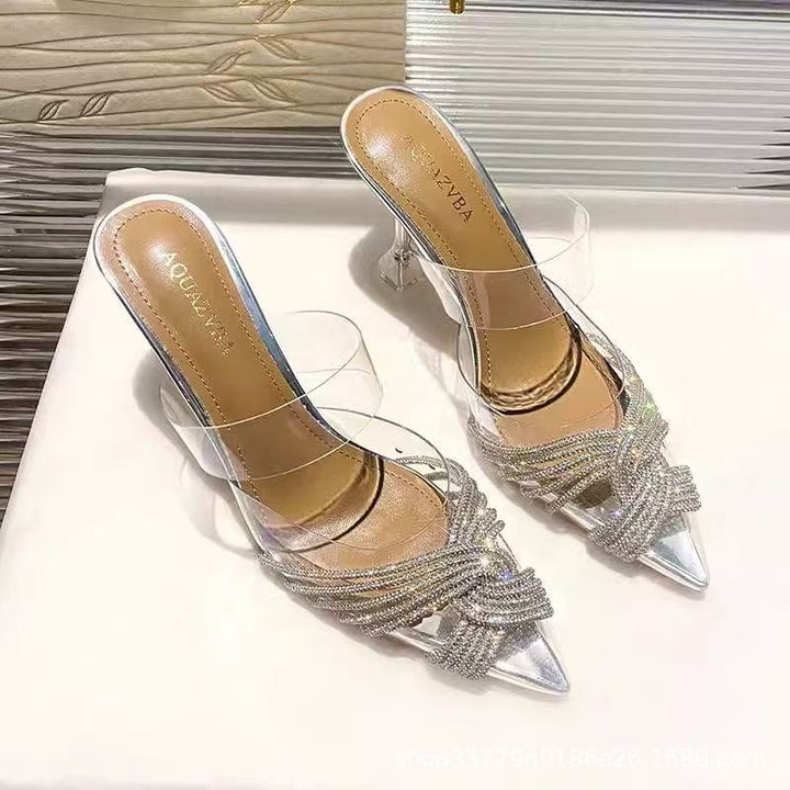 Women's pointed toe mule with sparkling crystal straps and sculptural acrylic heel Mune Fashion