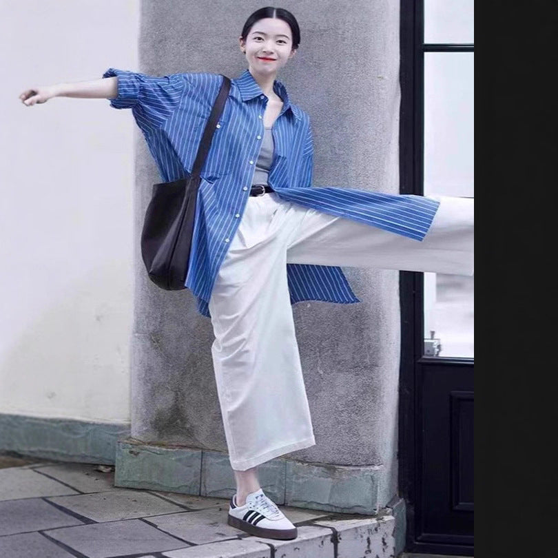 Women Oversized Striped Shirt with Extended Hem and Boxy Fit Mune Fashion