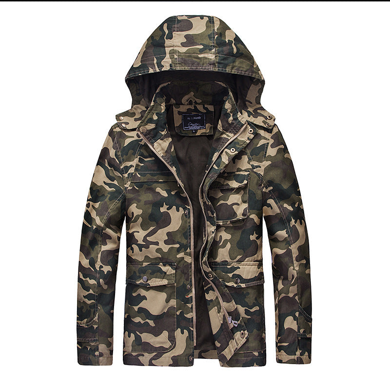 Men's Camouflage Field Jacket with Hood, Multifunctional Exterior Pockets and Drawstring Waist Mune Fashion