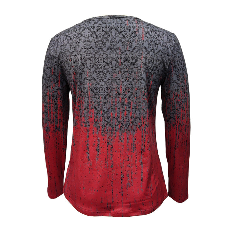 Women's Long Sleeve Shirt with Zip V-Neck and Structured Ombre Print Mune Fashion