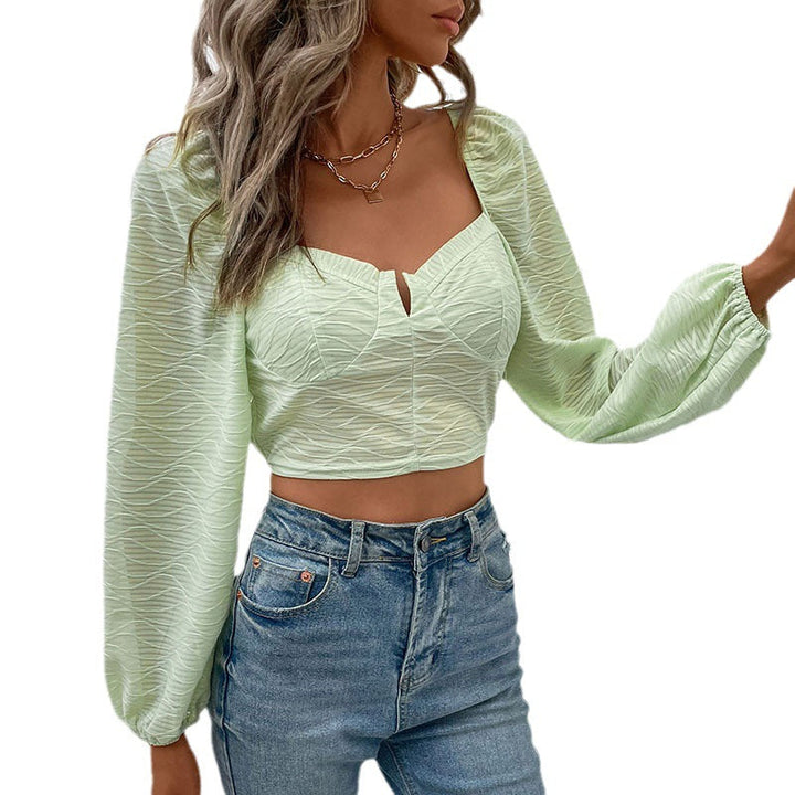 Women Short Bustier Cropped Top with Heart-Shaped Neckline, Puff Sleeves and Textured Chiffon Look Mune Fashion