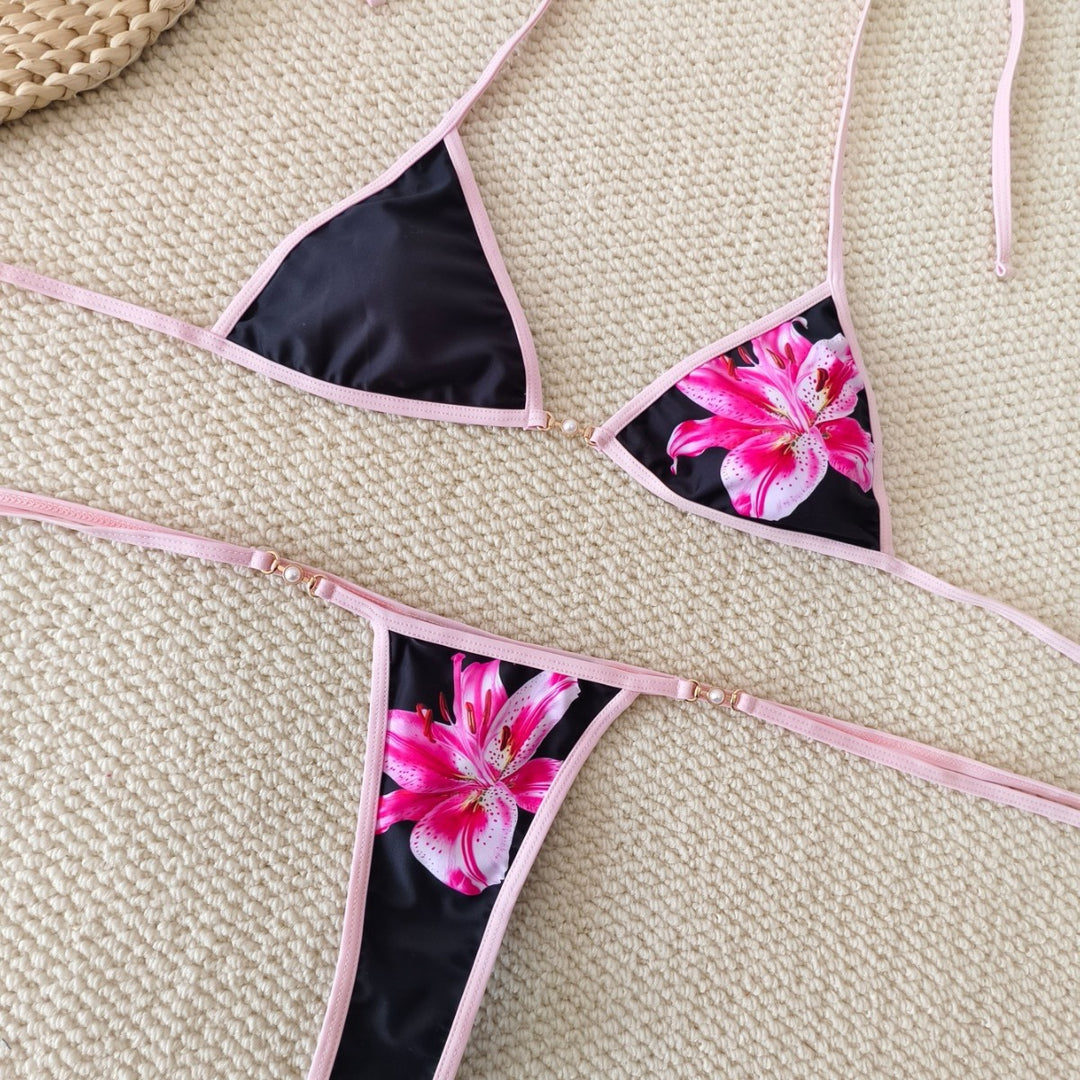 Women Triangle Bikini with Floral Accents and Adjustable Straps Mune Fashion