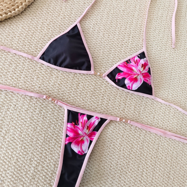 Women Triangle Bikini with Floral Accents and Adjustable Straps Mune Fashion