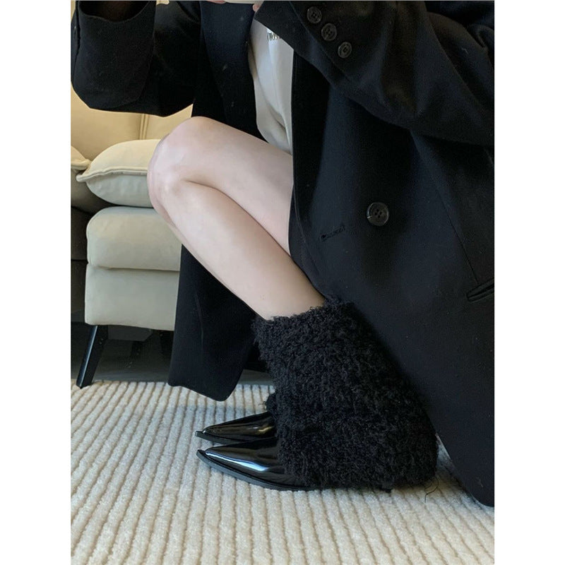 Women Fluffy Knee-High Boots with Pointed Patent Cap and Teddy Finish Mune Fashion