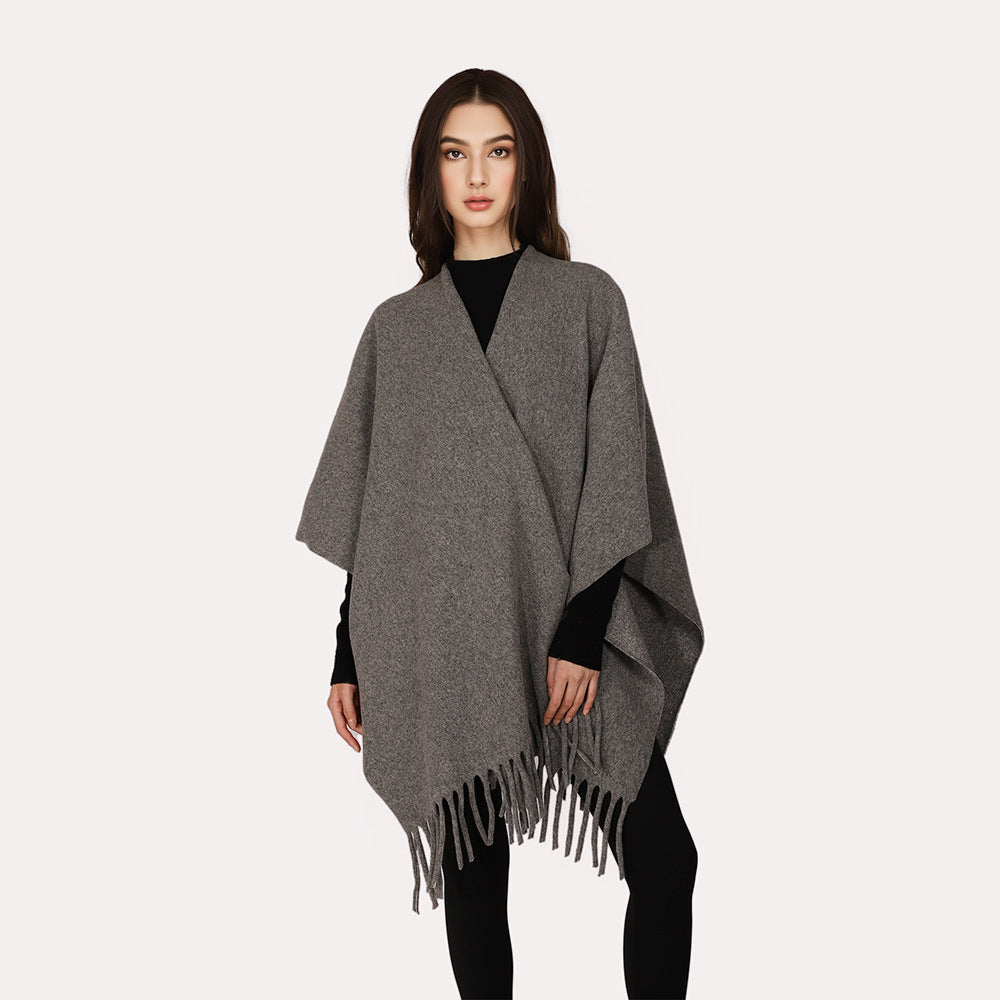 Women's Open Wool Blend Cape-Style Throw with Fringe Hem Mune Fashion