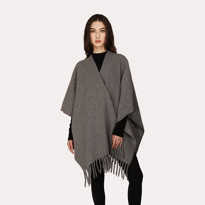 Women's Open Wool Blend Cape-Style Throw with Fringe Hem Mune Fashion