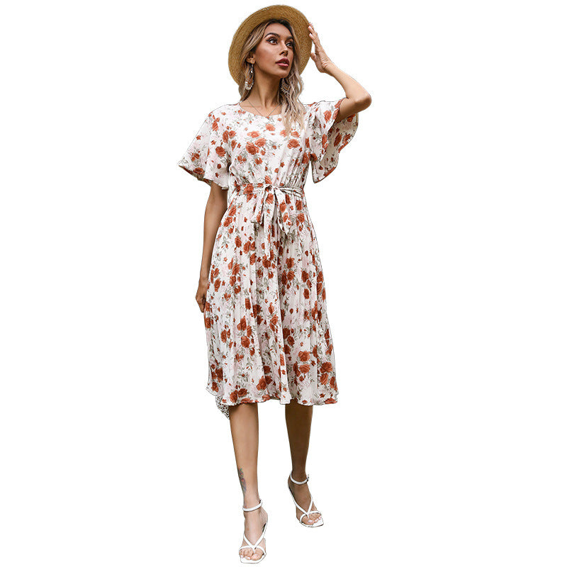 Women Floral Midi Dress with Tie Belt, Flatter Sleeves and A-Line Cut Mune Fashion