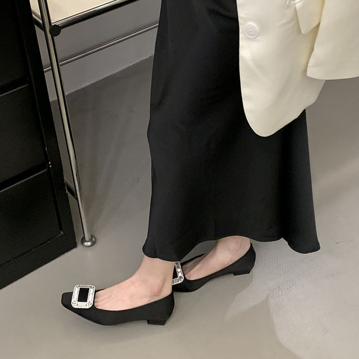Ladies satin ballerinas with square toe and rhinestone-decorated decorative buckle Mune Fashion