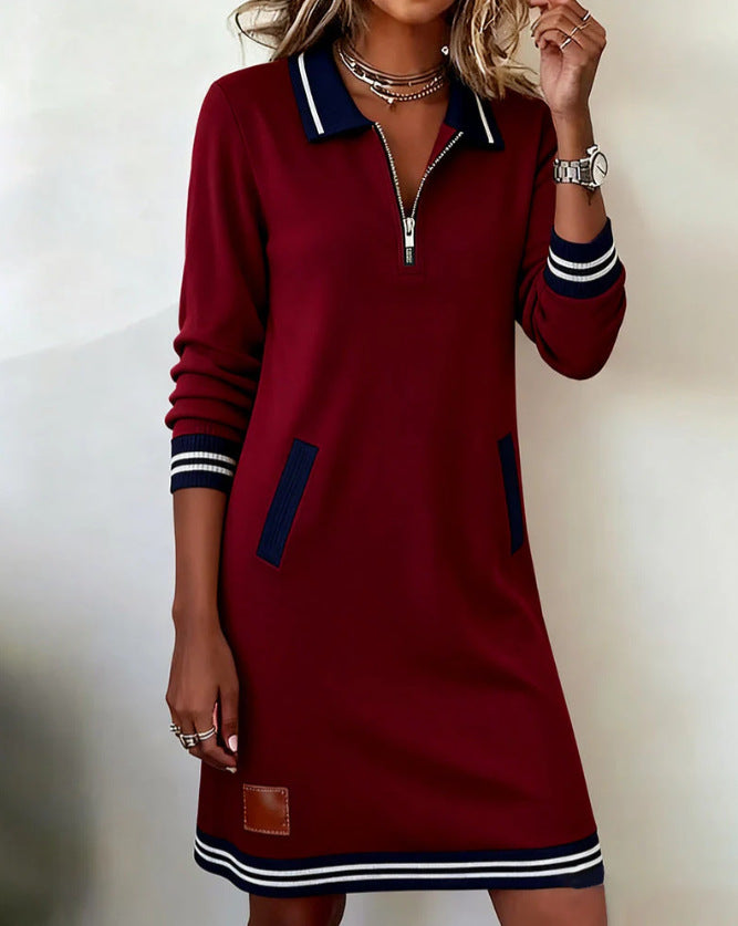 Women’s sporty-elegant sweatshirt dress with polo collar, half-length zipper, elastic contrast cuffs, and side pockets Mune Fashion