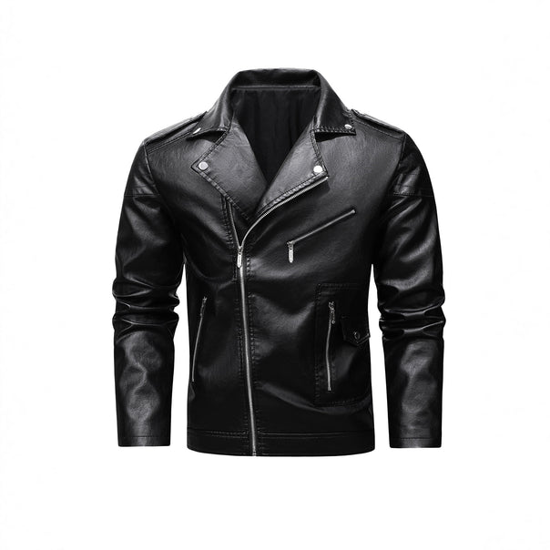 Men's biker jacket made of synthetic leather with asymmetrical zipper and quilted shoulder section Mune Fashion