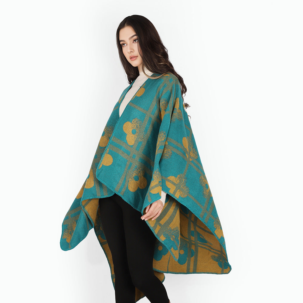 Women Coarse Woven Blanket Poncho in Ruana Cut with Floral Check Jacquard Mune Fashion