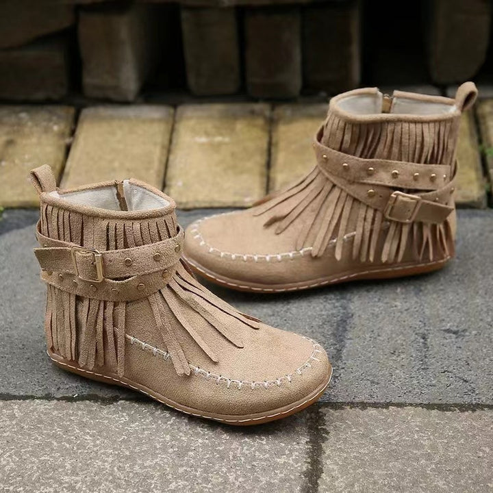 Ladies nan fringe ankle boots with decorative eyelets, side slit zipper and decorative buckle Mune Fashion